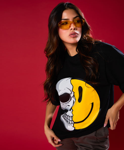 Half Skull And Smiley Face Printed Oversized Tshirt